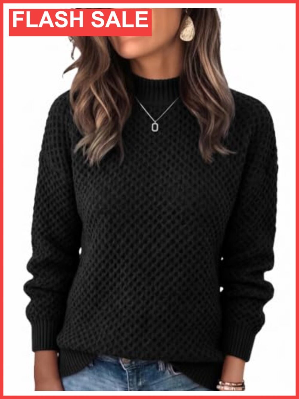 Waffle Knit Mock Neck Long Sleeve Chunky Pullover Sweater